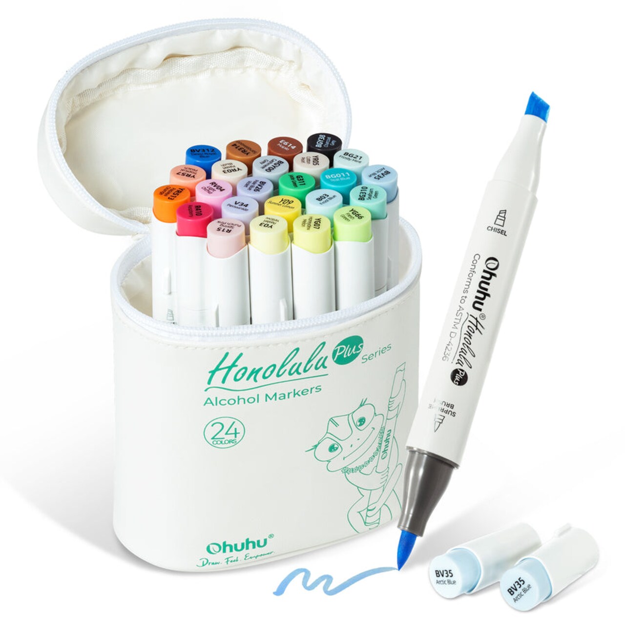 Ohuhu Brush Markers Honolulu Plus: 24/ 36-color Supreme Brush& Chisel Dual Tips Alcohol-based Art Marker Set for Artist Adult Coloring Book Illustrations- Refillable